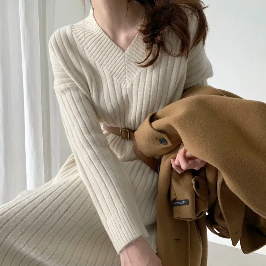 Autumn Sweater Women Dress Winter Wool Long Sleeve Sweaters Knitted Dresses Womens Loose Maxi Oversize Knitting Vestido Vintage