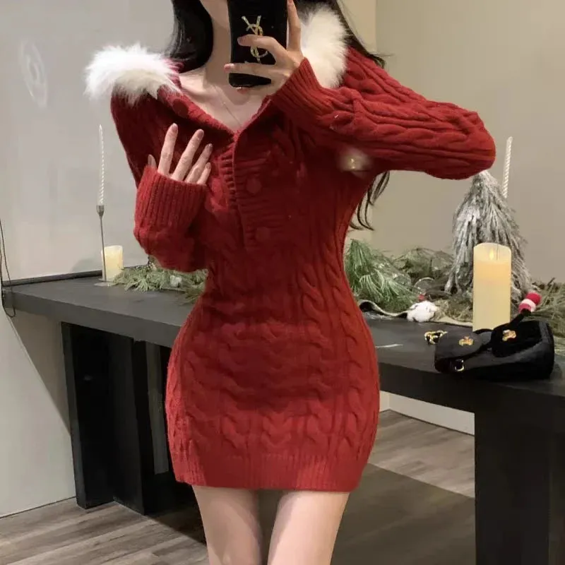 Autumn Winter Elegant Women Sweater Christmas Red Slim Fur Patchwork Hooded Knitted Dress Female Korean Knitwear Hoodie Tops