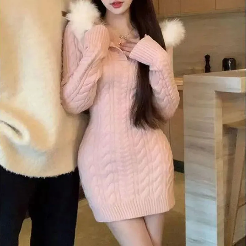 Autumn Winter Elegant Women Sweater Christmas Red Slim Fur Patchwork Hooded Knitted Dress Female Korean Knitwear Hoodie Tops