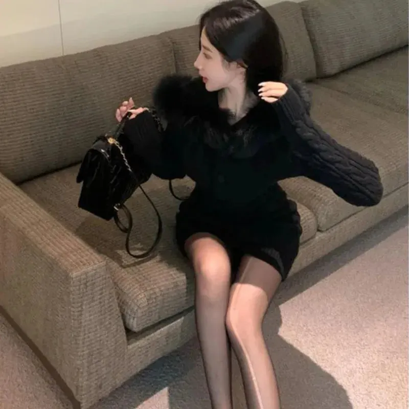 Autumn Winter Elegant Women Sweater Christmas Red Slim Fur Patchwork Hooded Knitted Dress Female Korean Knitwear Hoodie Tops