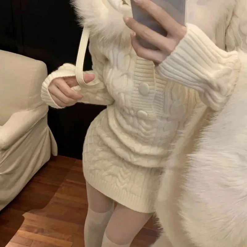 Autumn Winter Elegant Women Sweater Christmas Red Slim Fur Patchwork Hooded Knitted Dress Female Korean Knitwear Hoodie Tops