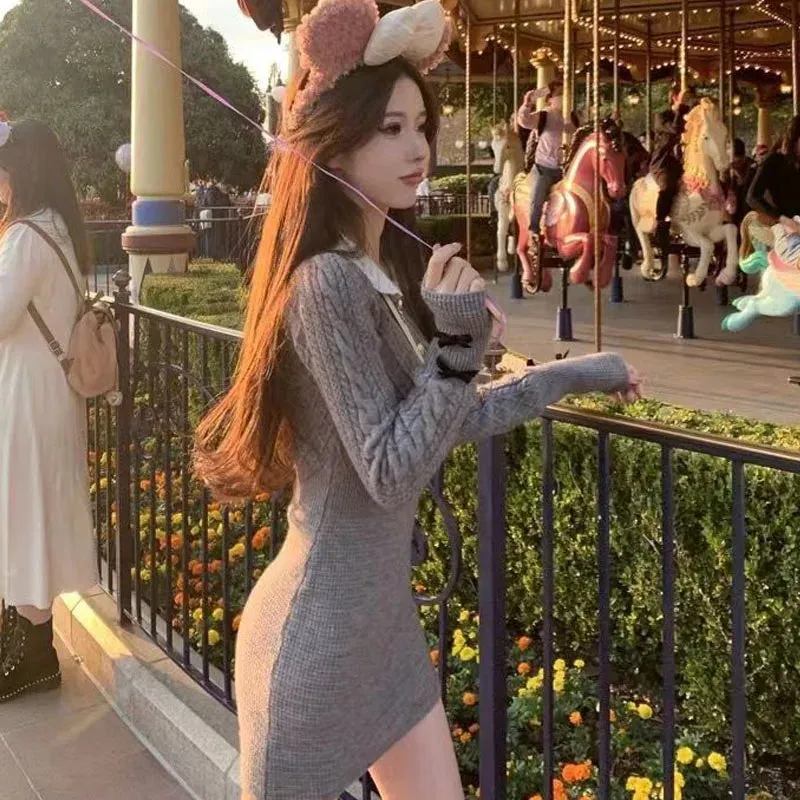 Autumn Winter Elegant Women Sweater Christmas Red Slim Fur Patchwork Hooded Knitted Dress Female Korean Knitwear Hoodie Tops