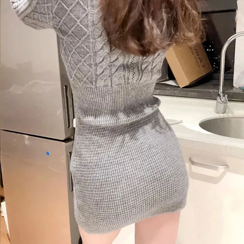 Autumn Winter Elegant Women Sweater Christmas Red Slim Fur Patchwork Hooded Knitted Dress Female Korean Knitwear Hoodie Tops