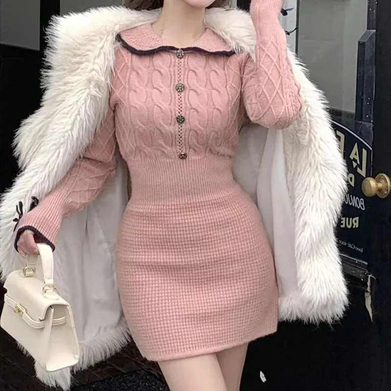 Autumn Winter Elegant Women Sweater Christmas Red Slim Fur Patchwork Hooded Knitted Dress Female Korean Knitwear Hoodie Tops