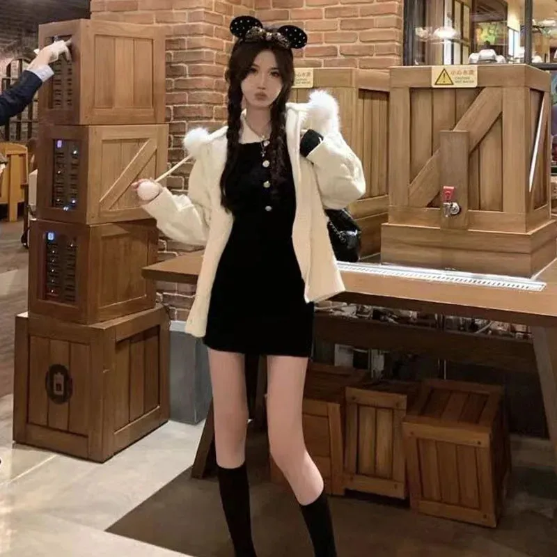 Autumn Winter Elegant Women Sweater Christmas Red Slim Fur Patchwork Hooded Knitted Dress Female Korean Knitwear Hoodie Tops