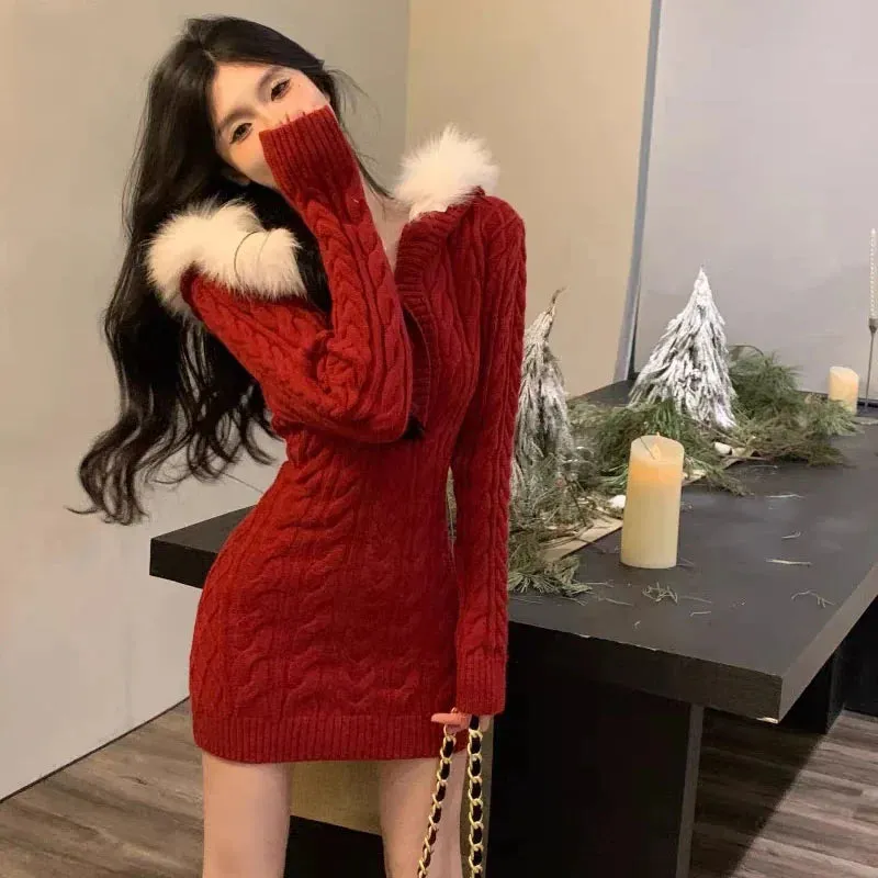 Autumn Winter Elegant Women Sweater Christmas Red Slim Fur Patchwork Hooded Knitted Dress Female Korean Knitwear Hoodie Tops