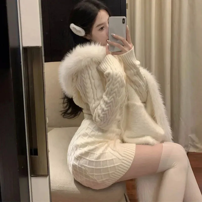 Autumn Winter Elegant Women Sweater Christmas Red Slim Fur Patchwork Hooded Knitted Dress Female Korean Knitwear Hoodie Tops