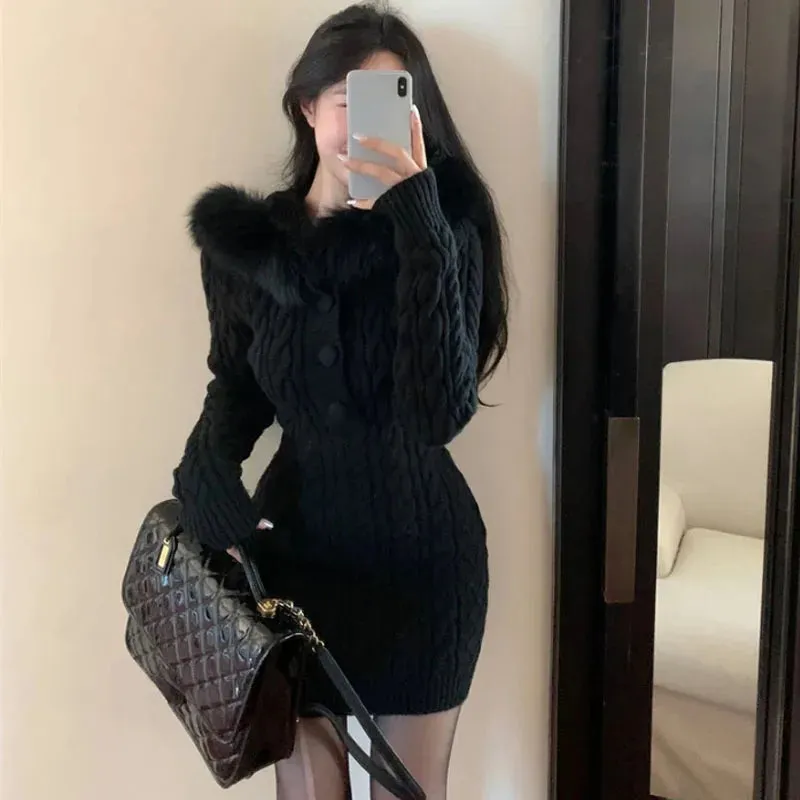 Autumn Winter Elegant Women Sweater Christmas Red Slim Fur Patchwork Hooded Knitted Dress Female Korean Knitwear Hoodie Tops