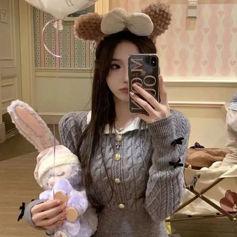 Autumn Winter Elegant Women Sweater Christmas Red Slim Fur Patchwork Hooded Knitted Dress Female Korean Knitwear Hoodie Tops