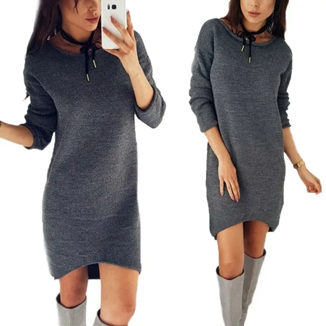 Autumn Winter Women Dress O Neck Long Sleeve Solid Color Ladies Loose Casual Dresses Lady Bodycon Robe Dresses