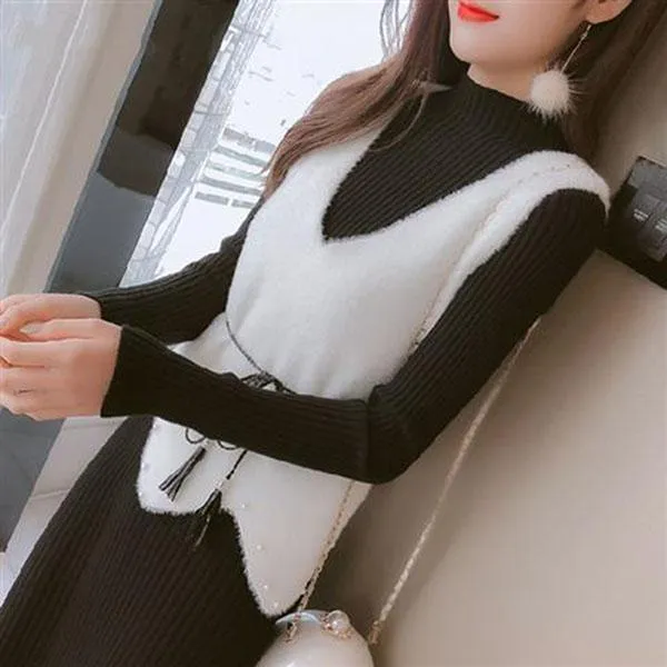 Autumn/winter Knitted Sweater Dress Mid-length Fashion Casual Jacket Simple Style Women's Sweater Dress