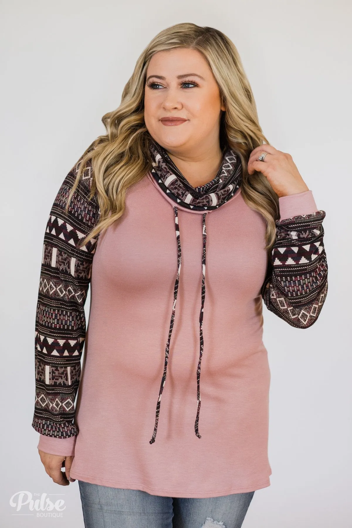 Aztec Sleeve Cowl Neck Top- Mauve