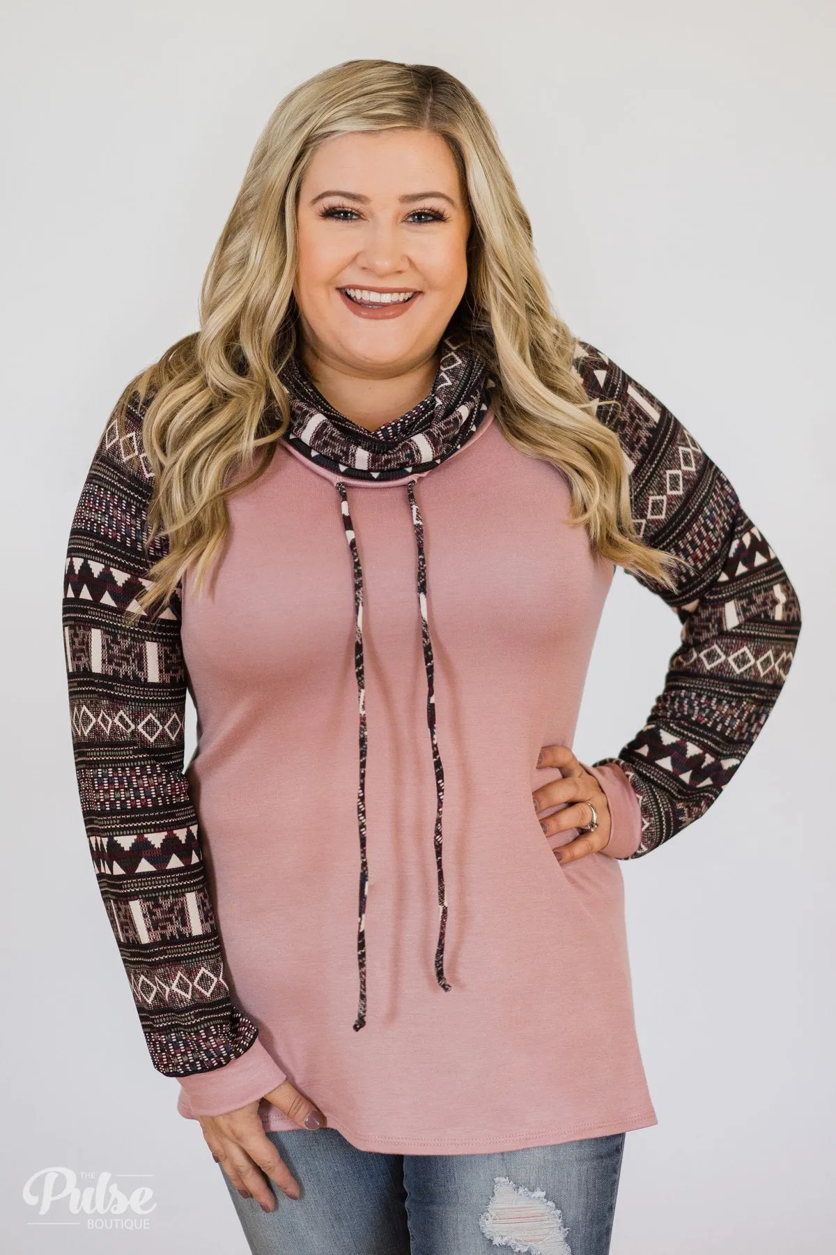 Aztec Sleeve Cowl Neck Top- Mauve