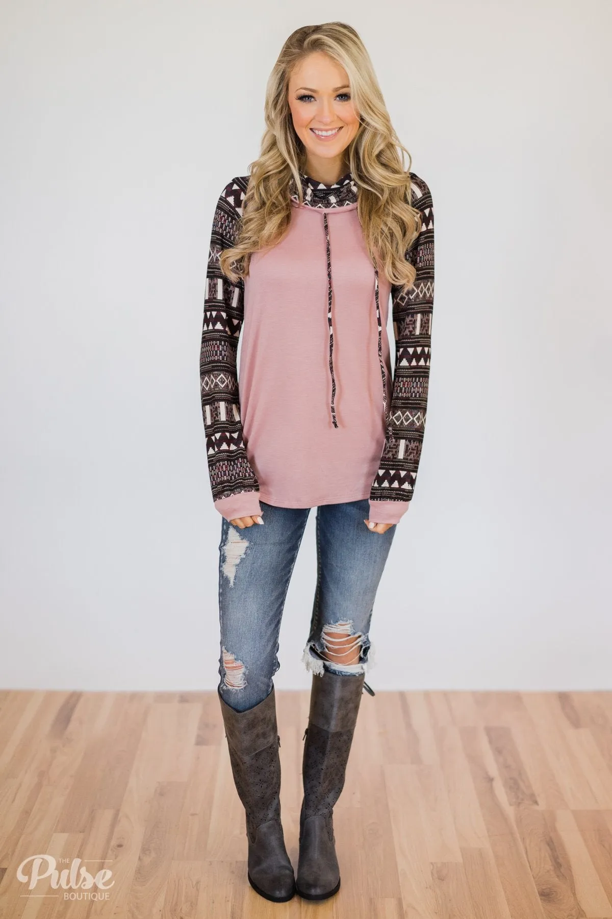 Aztec Sleeve Cowl Neck Top- Mauve
