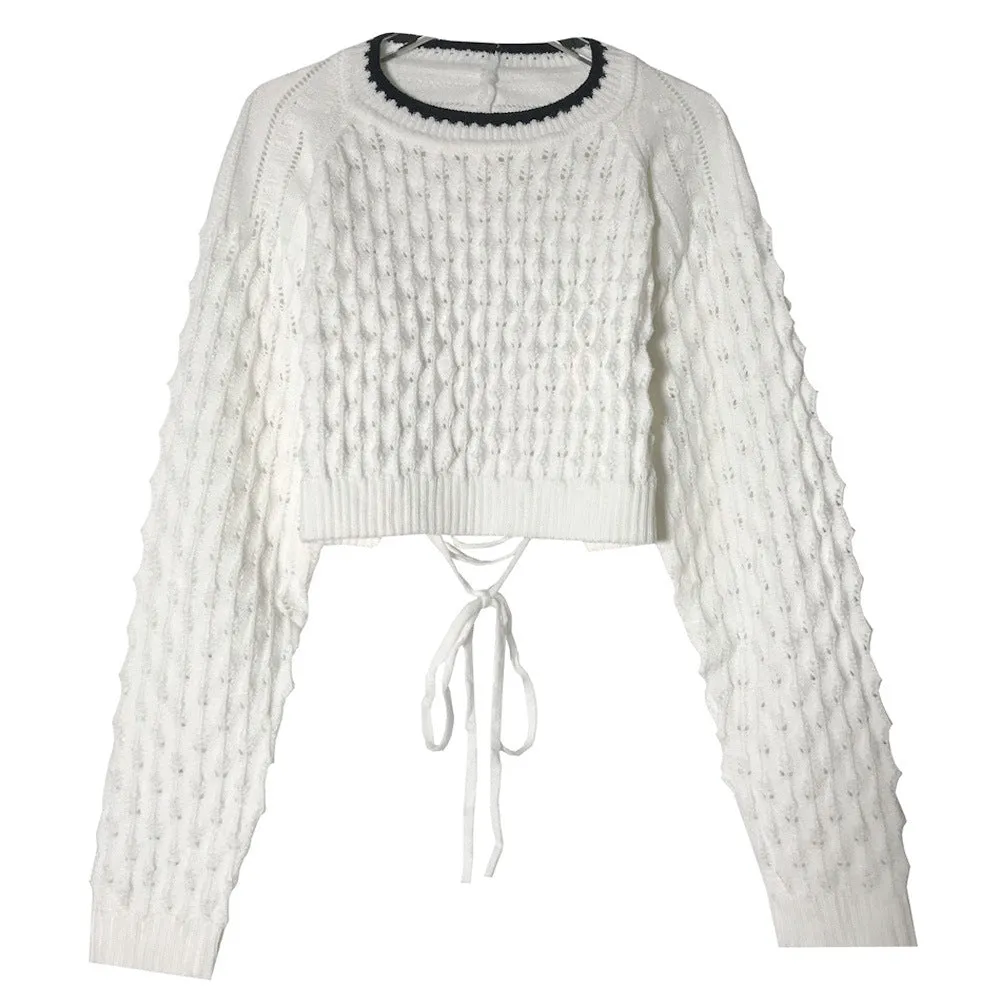 Backless Hollow-out Round Neck Sweaters Crop Tops White