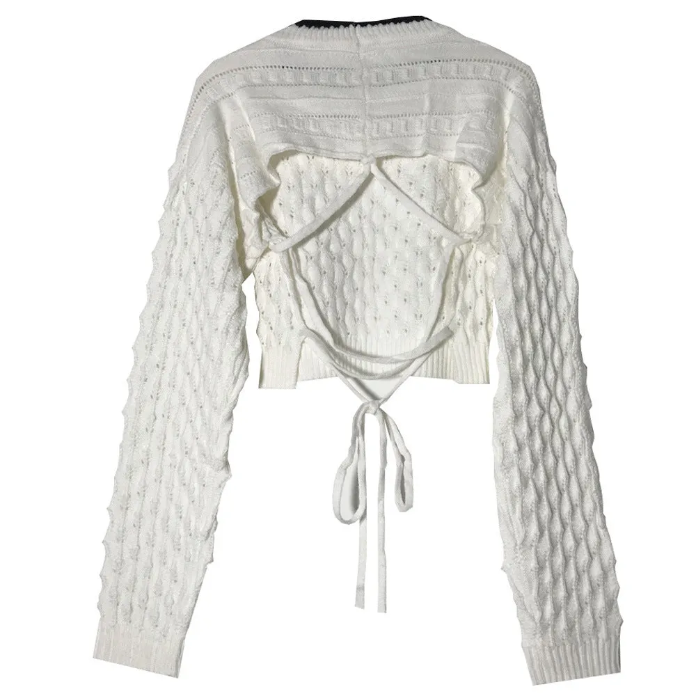 Backless Hollow-out Round Neck Sweaters Crop Tops White