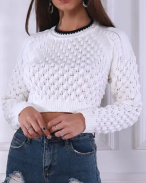 Backless Hollow-out Round Neck Sweaters Crop Tops White