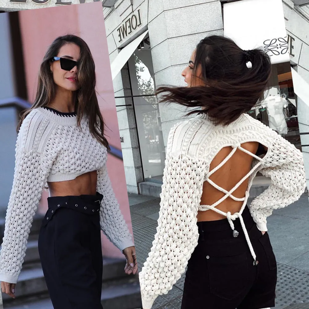 Backless Hollow-out Round Neck Sweaters Crop Tops White