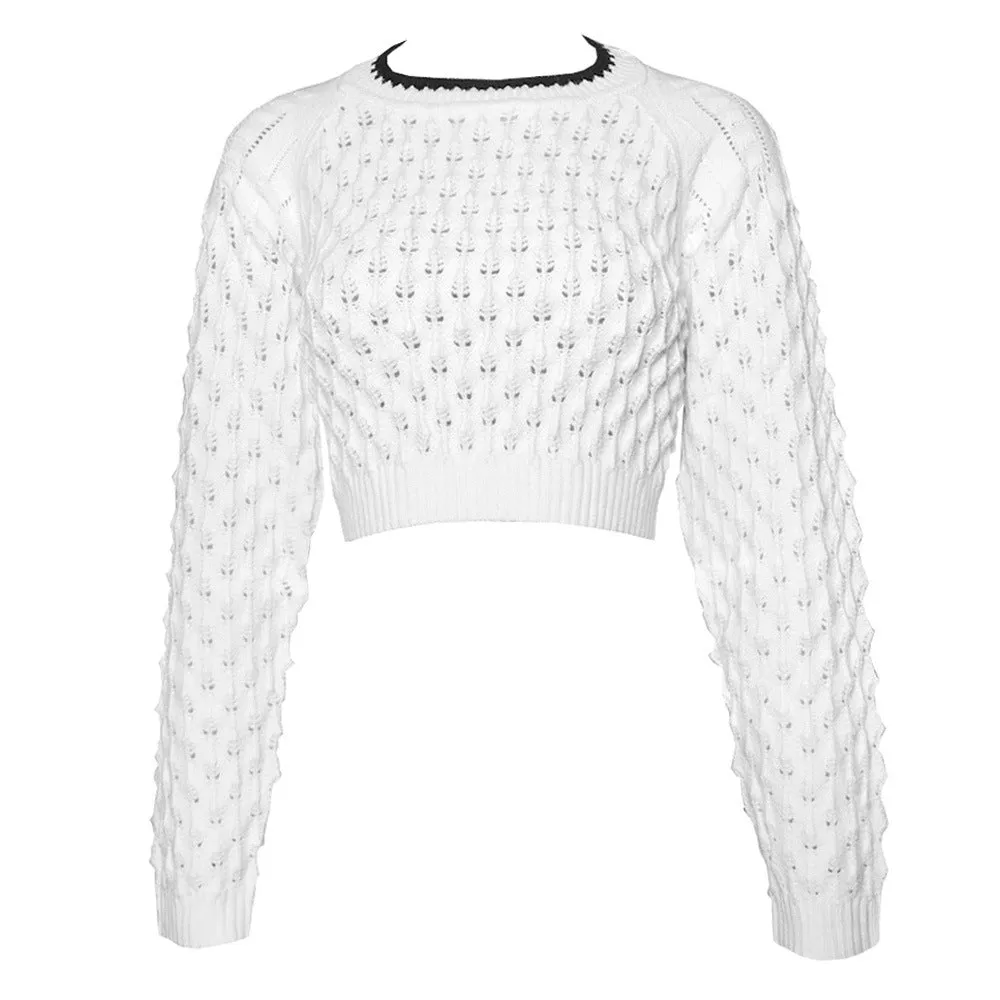 Backless Hollow-out Round Neck Sweaters Crop Tops White