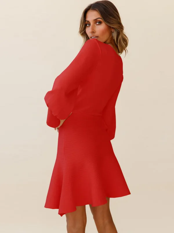Balloon Sleeve Ribbed Sweater Dress with A-Line Skirt