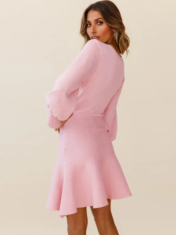 Balloon Sleeve Ribbed Sweater Dress with A-Line Skirt