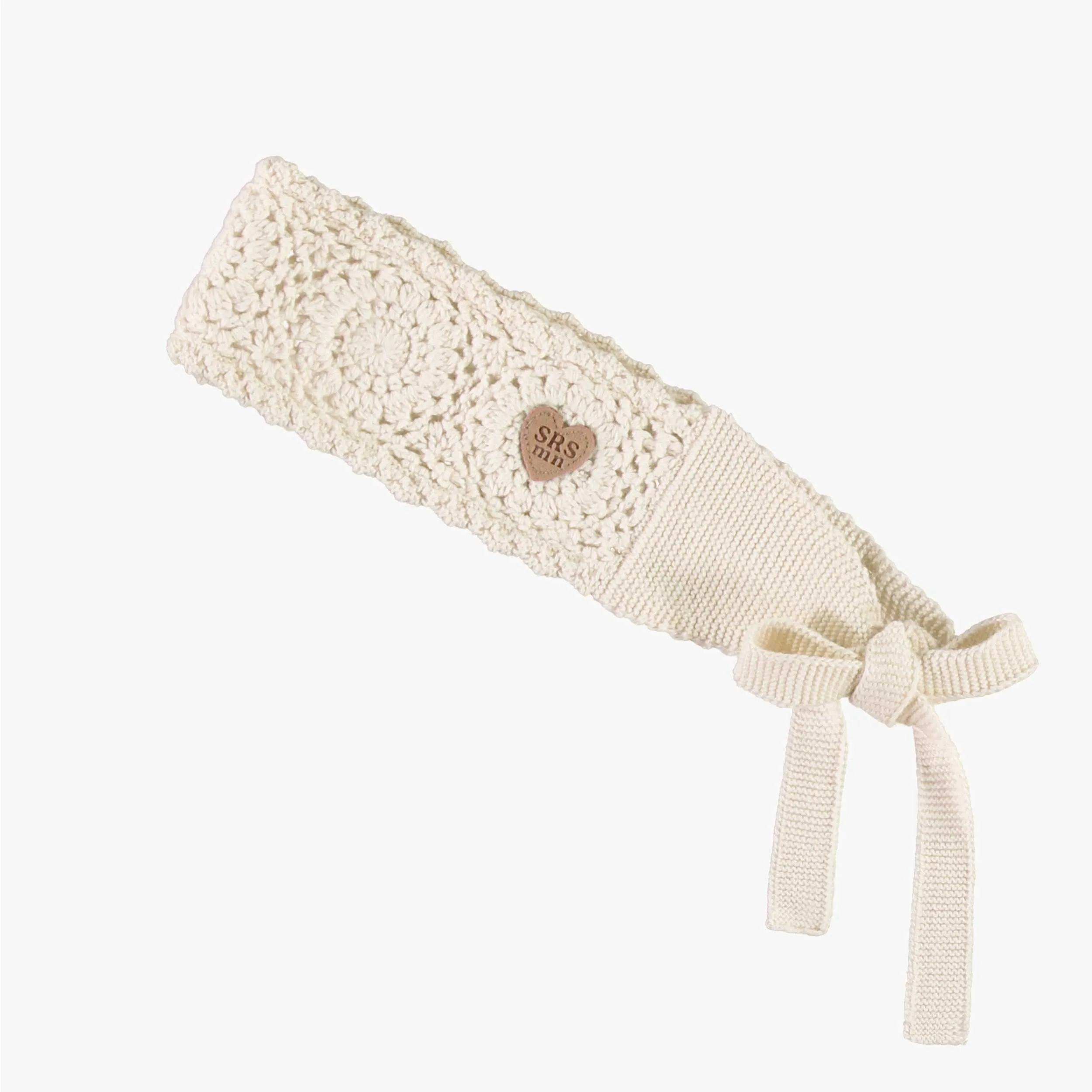Bandeau crème en tricot crocheté à motifs de fleurs, enfant || Cream headband in crocheted knit with flower patterns, child