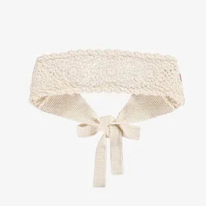 Bandeau crème en tricot crocheté à motifs de fleurs, enfant || Cream headband in crocheted knit with flower patterns, child