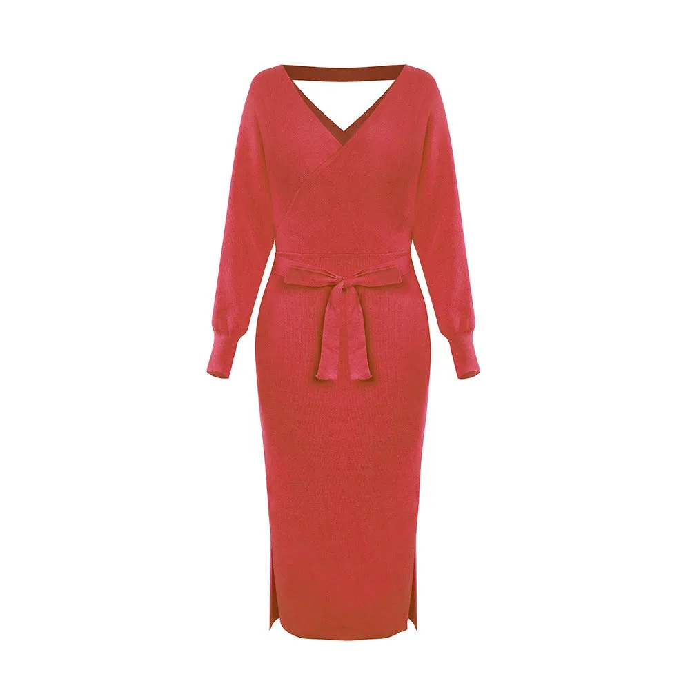 Bat Sleeve Waistband Sweater Bodycon Maxi Dresses