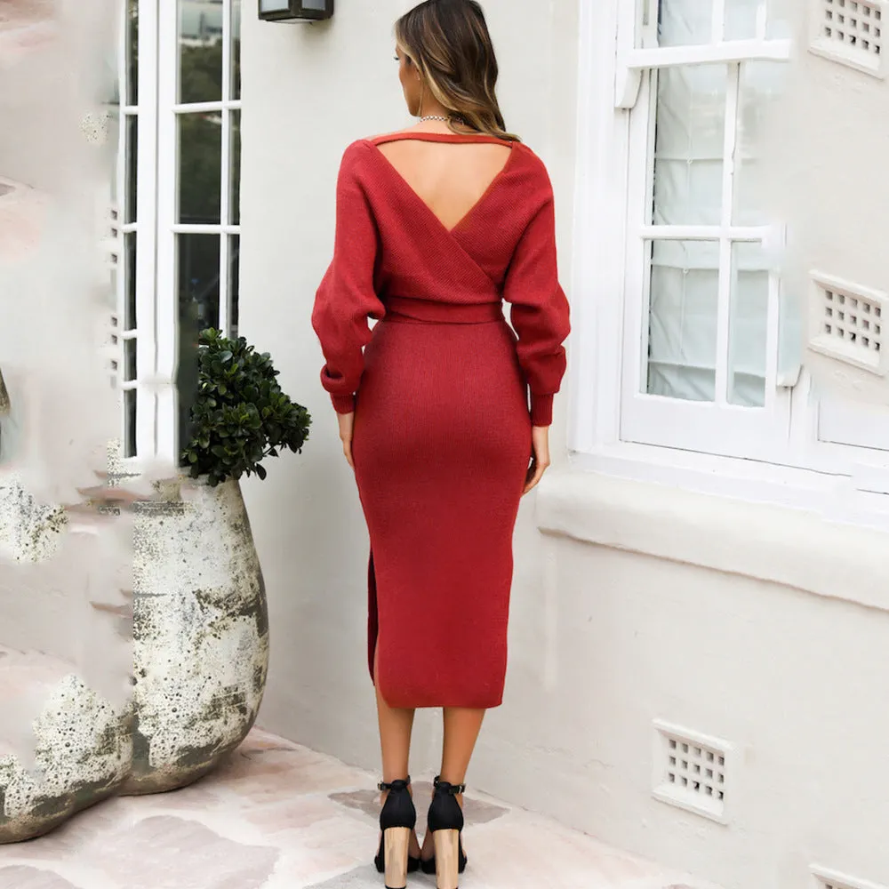 Bat Sleeve Waistband Sweater Bodycon Maxi Dresses