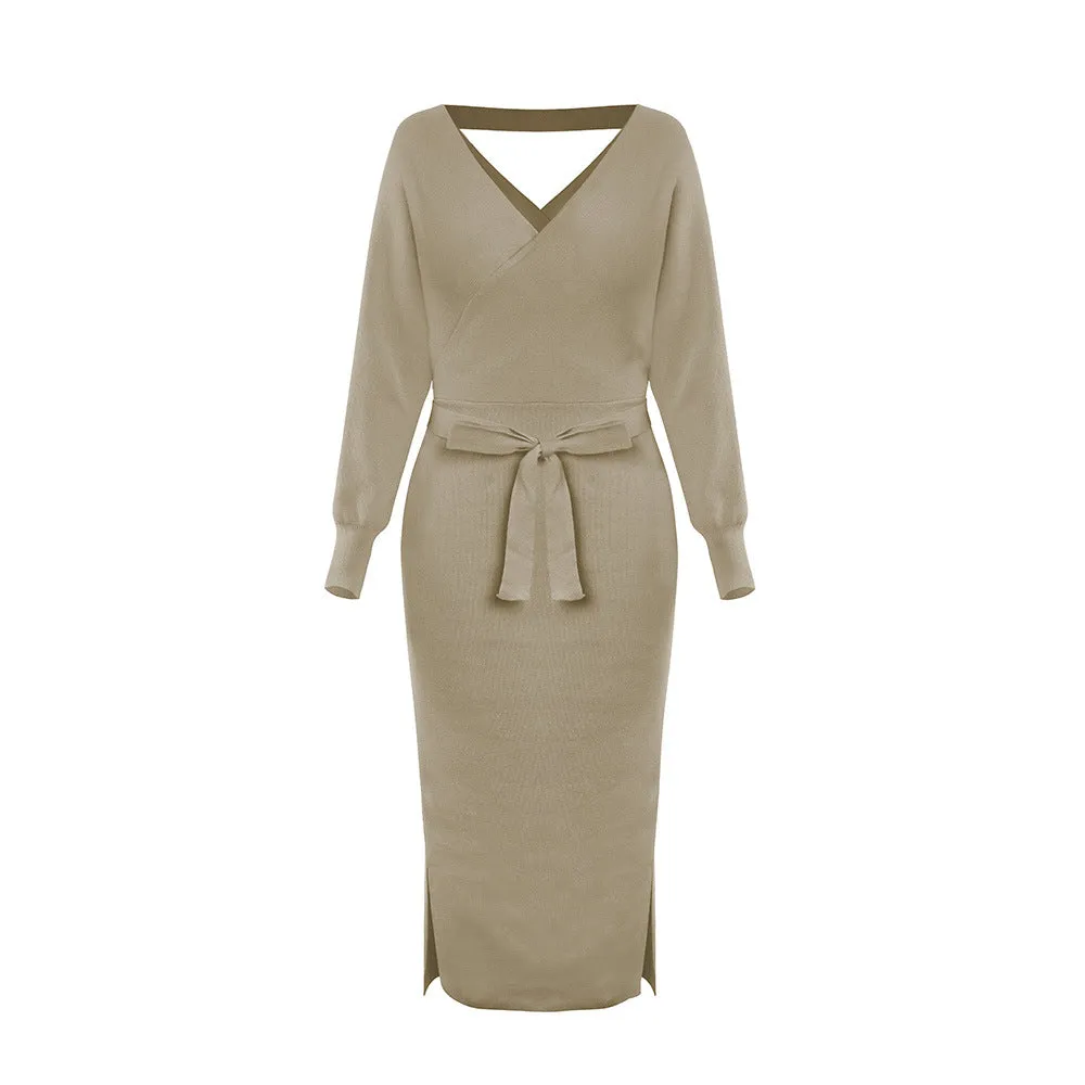 Bat Sleeve Waistband Sweater Bodycon Maxi Dresses