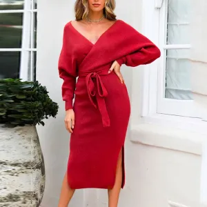 Bat Sleeve Waistband Sweater Bodycon Maxi Dresses