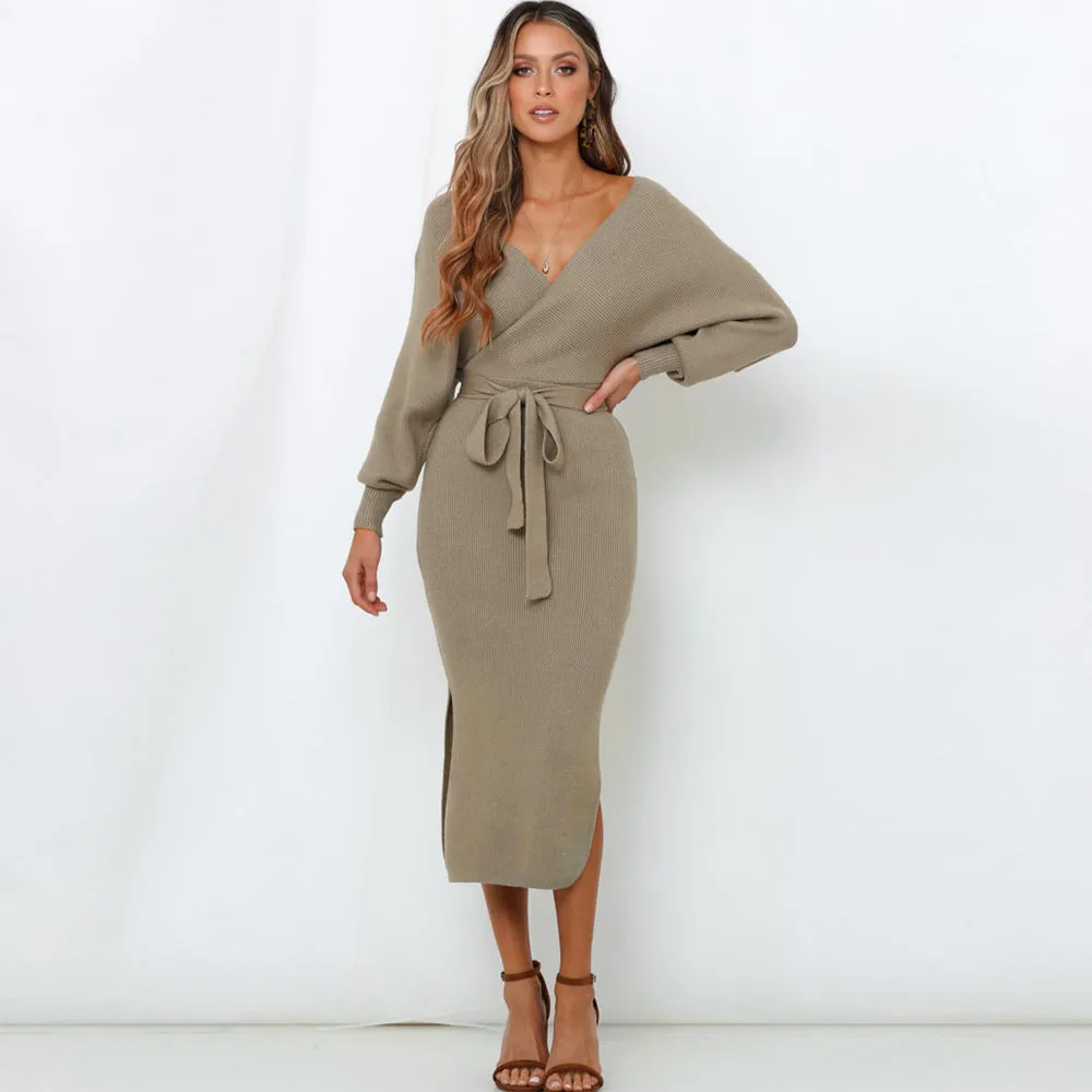 Bat Sleeve Waistband Sweater Bodycon Maxi Dresses