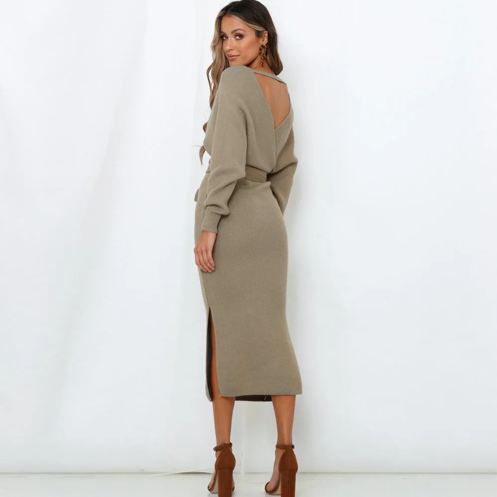 Bat Sleeve Waistband Sweater Bodycon Maxi Dresses