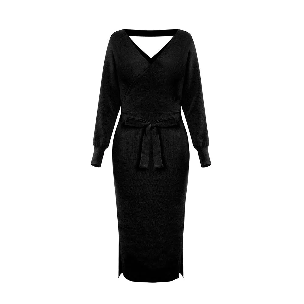 Bat Sleeve Waistband Sweater Bodycon Maxi Dresses
