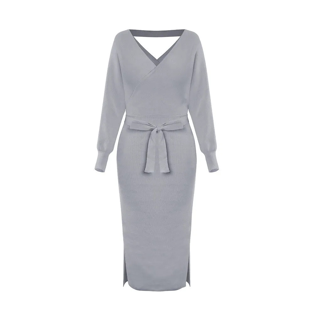 Bat Sleeve Waistband Sweater Bodycon Maxi Dresses