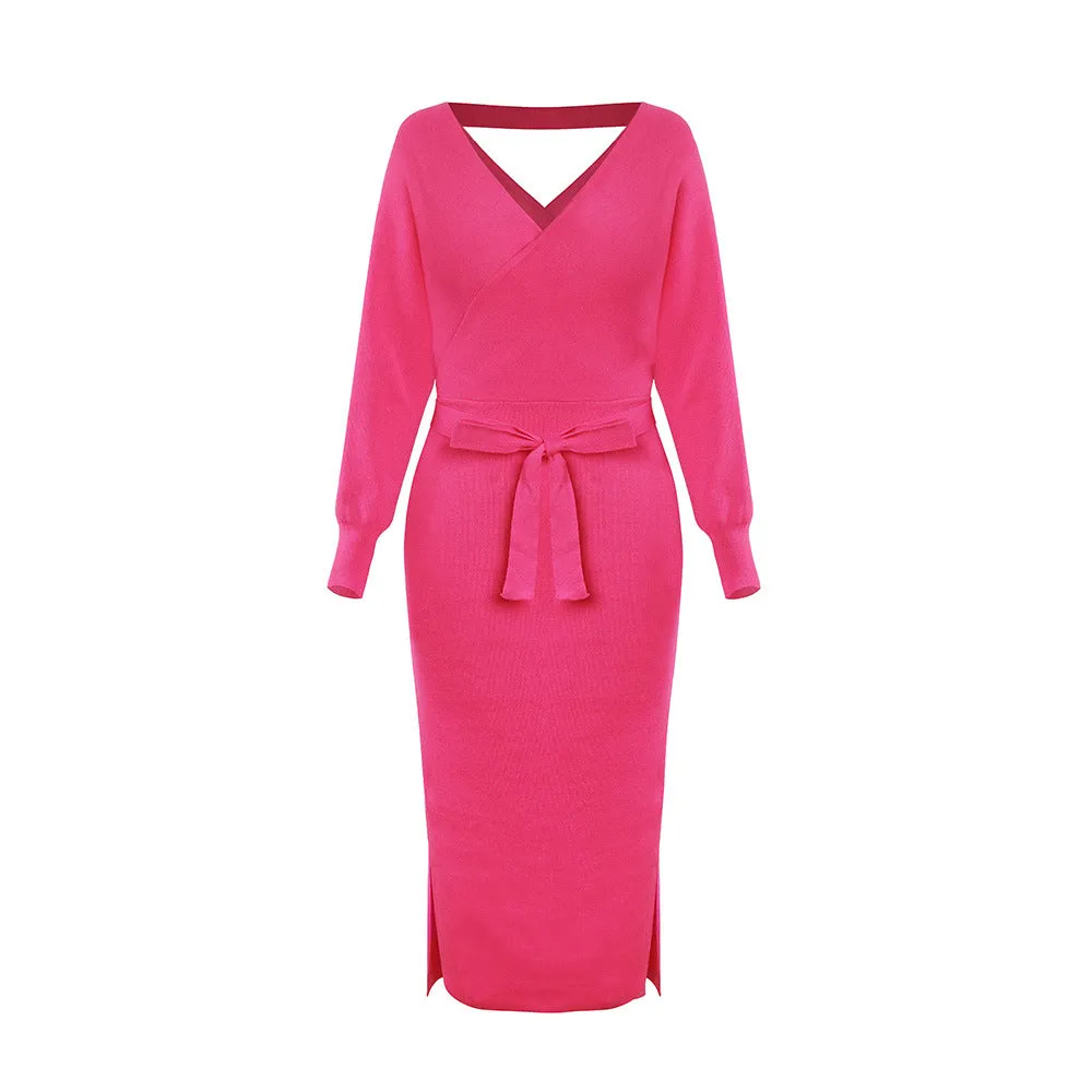 Bat Sleeve Waistband Sweater Bodycon Maxi Dresses