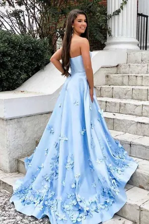Beautiful Sky Blue Satin Sweetheart 3D Floral Long Prom Dresses with Appliques, SP555