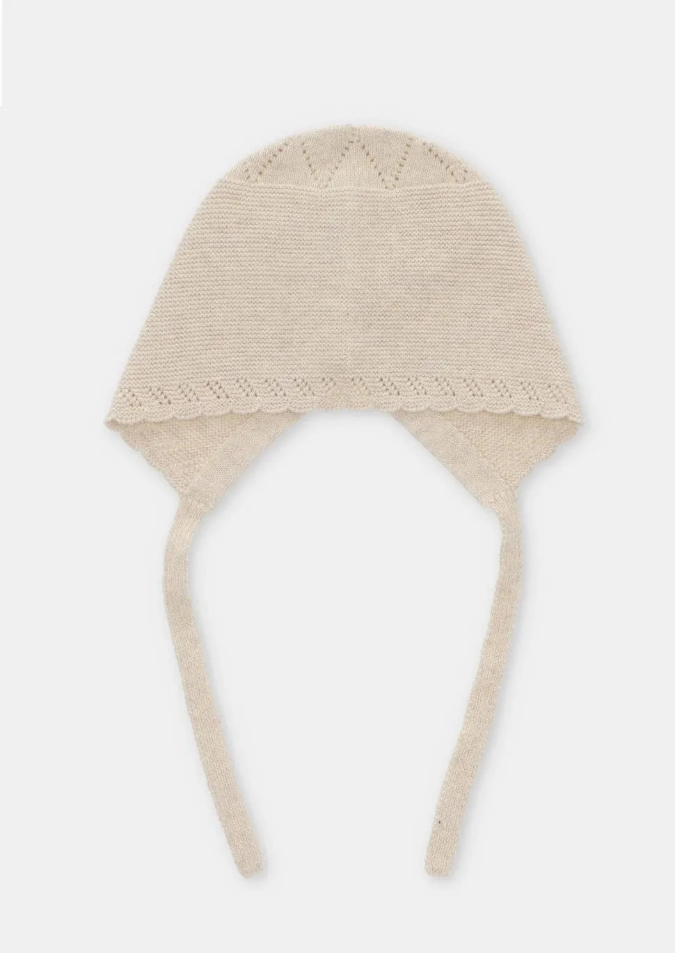 Beige Knit Bonnet With Ties