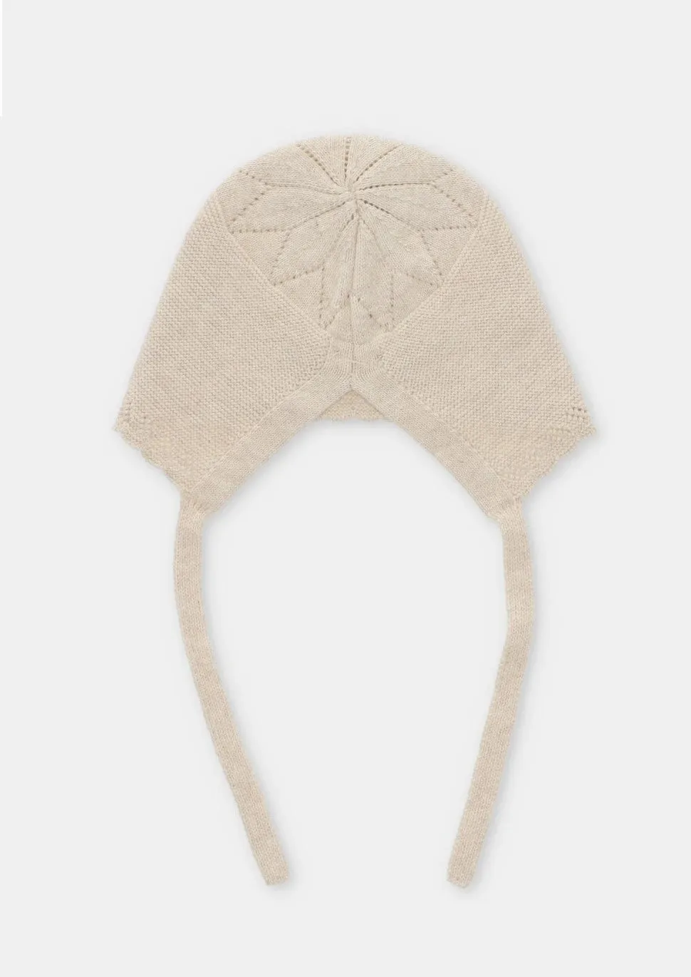Beige Knit Bonnet With Ties