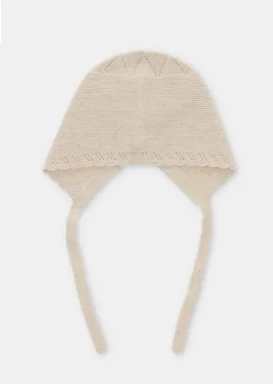 Beige Knit Bonnet With Ties