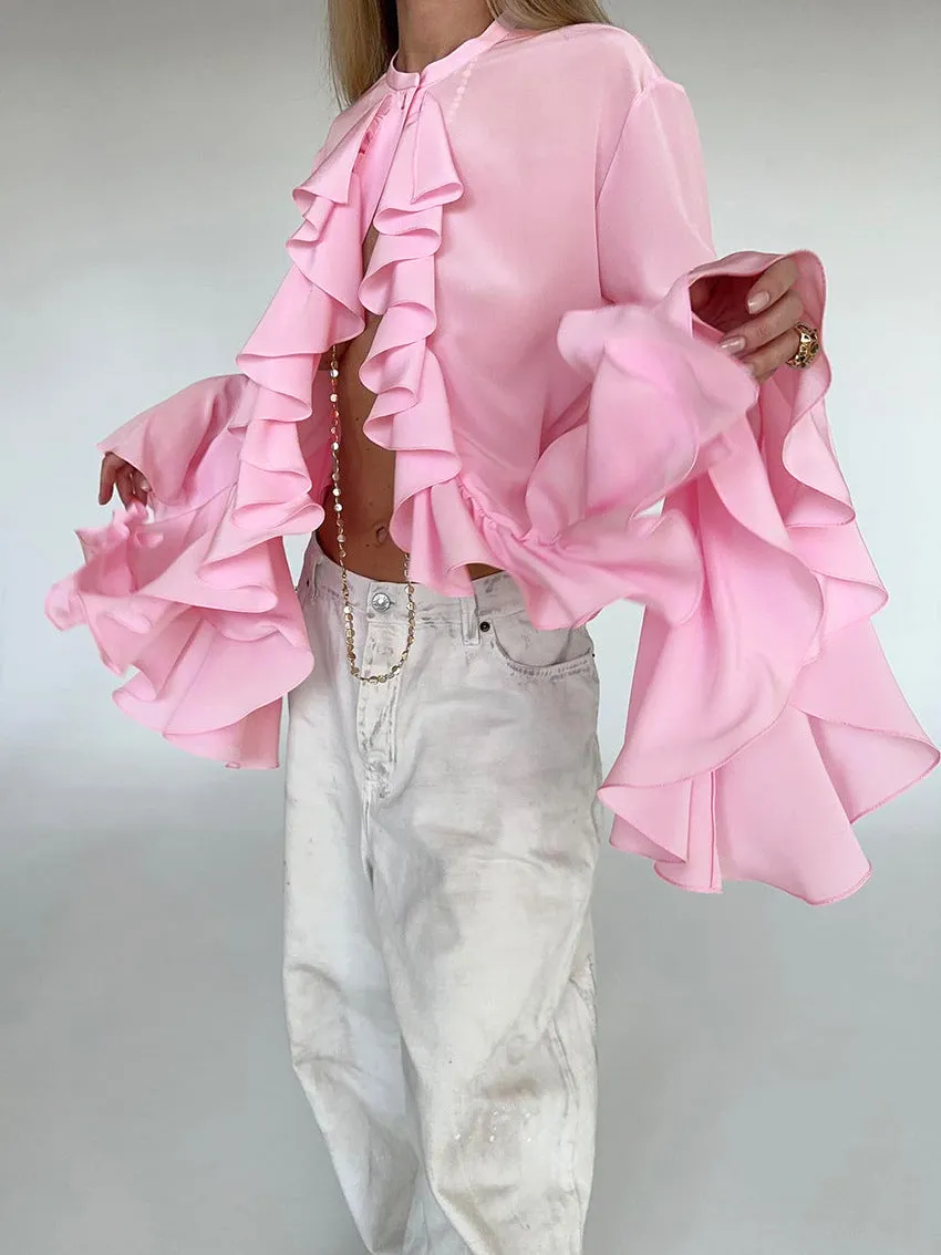Bell Sleeve Up Sheer Chiffon Ruffle Blouse