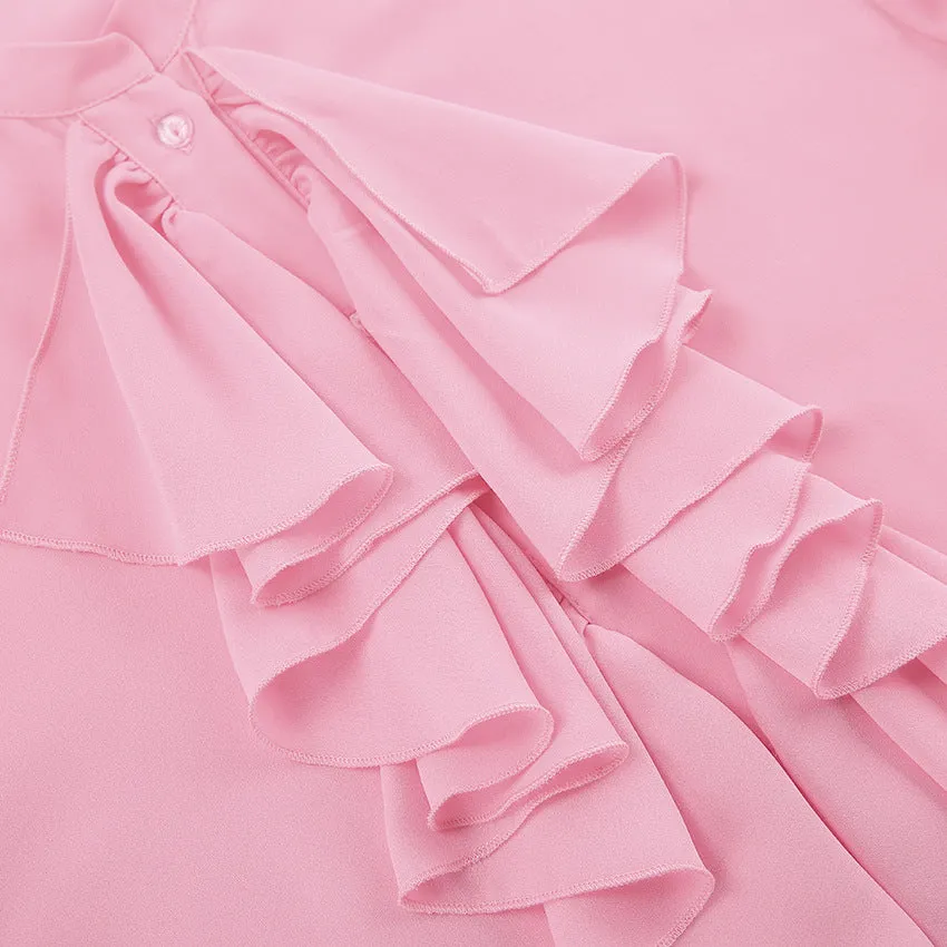 Bell Sleeve Up Sheer Chiffon Ruffle Blouse