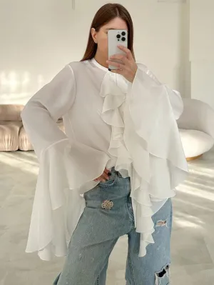 Bell Sleeve Up Sheer Chiffon Ruffle Blouse