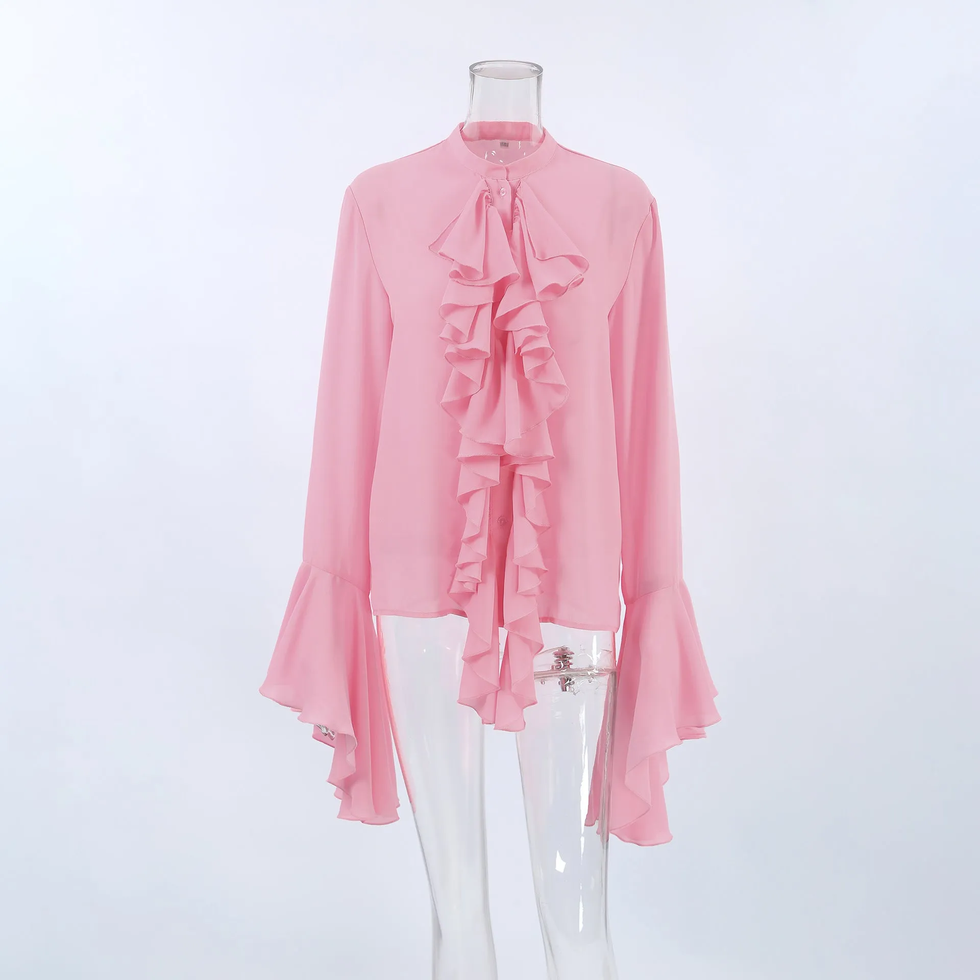 Bell Sleeve Up Sheer Chiffon Ruffle Blouse