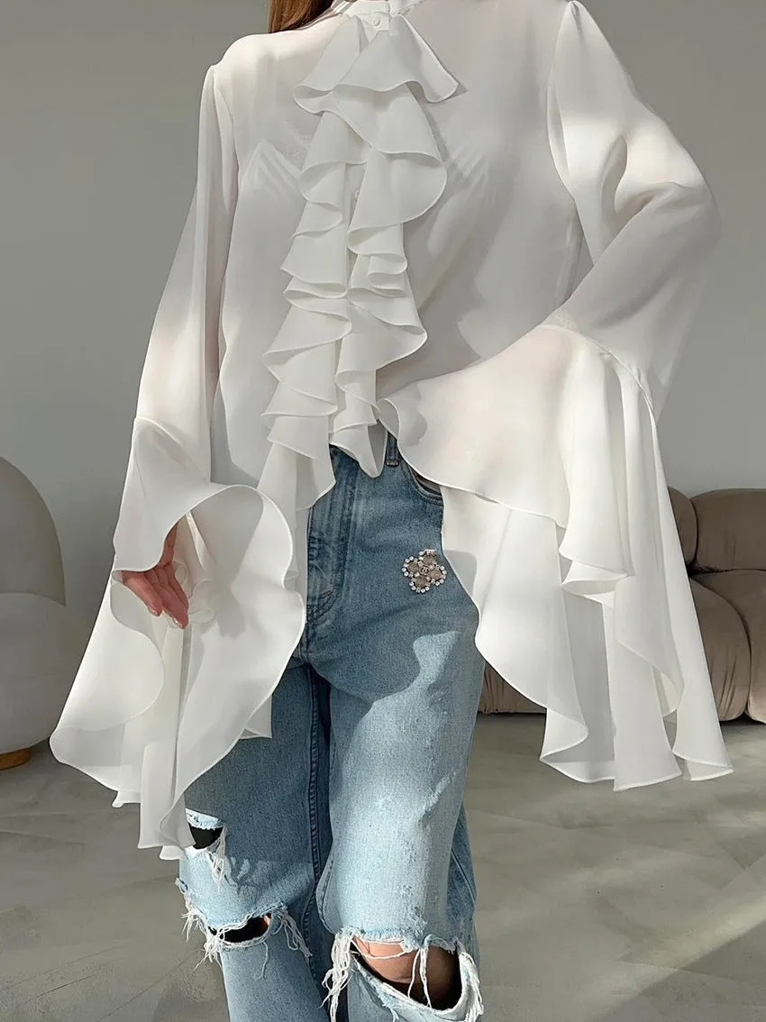 Bell Sleeve Up Sheer Chiffon Ruffle Blouse