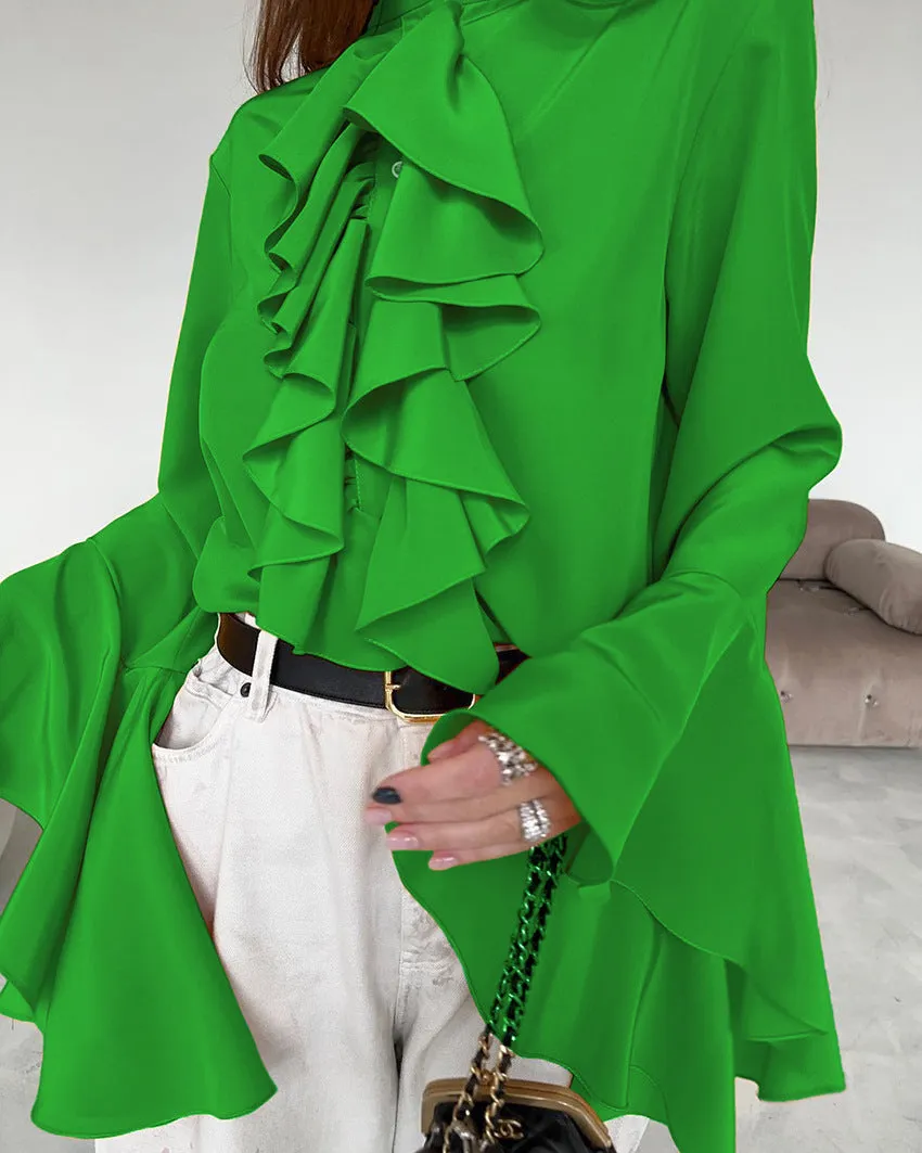 Bell Sleeve Up Sheer Chiffon Ruffle Blouse