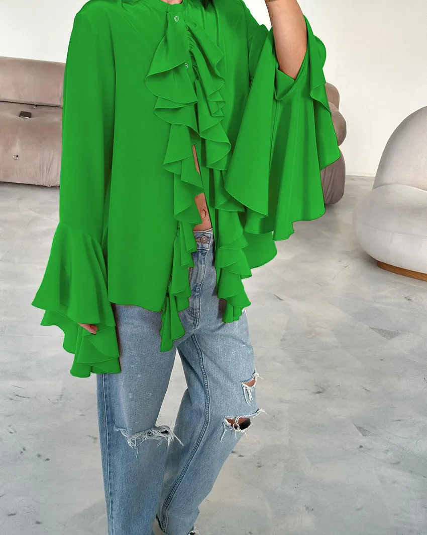 Bell Sleeve Up Sheer Chiffon Ruffle Blouse