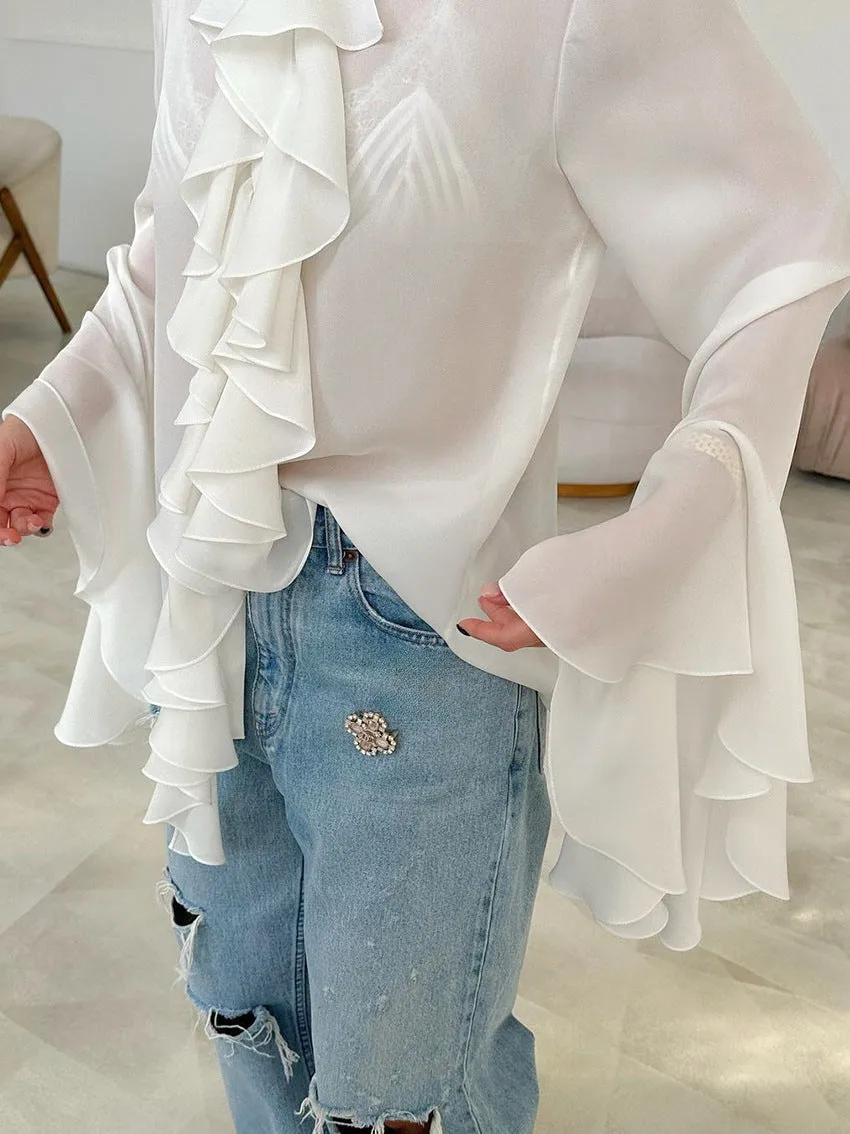 Bell Sleeve Up Sheer Chiffon Ruffle Blouse
