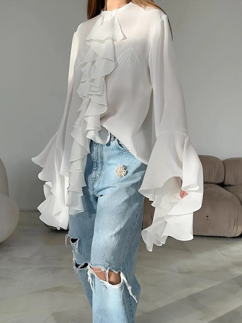Bell Sleeve Up Sheer Chiffon Ruffle Blouse