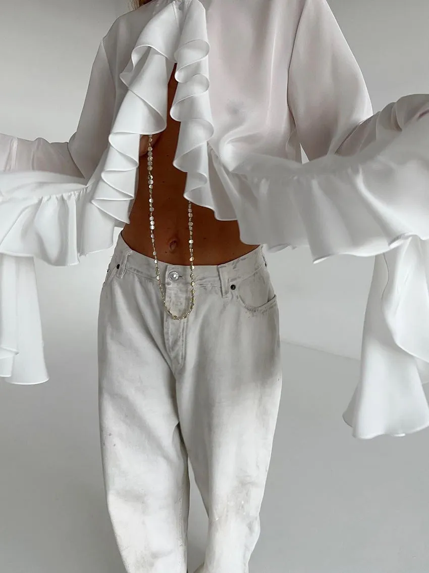 Bell Sleeve Up Sheer Chiffon Ruffle Blouse